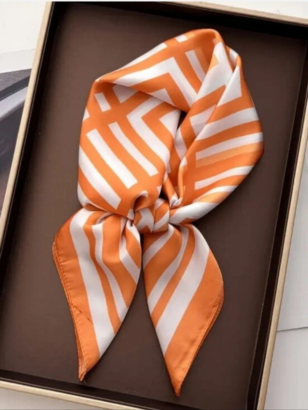 Silk-feel Geometric Orange and White Square Print Scarf Head & Neck Scarf